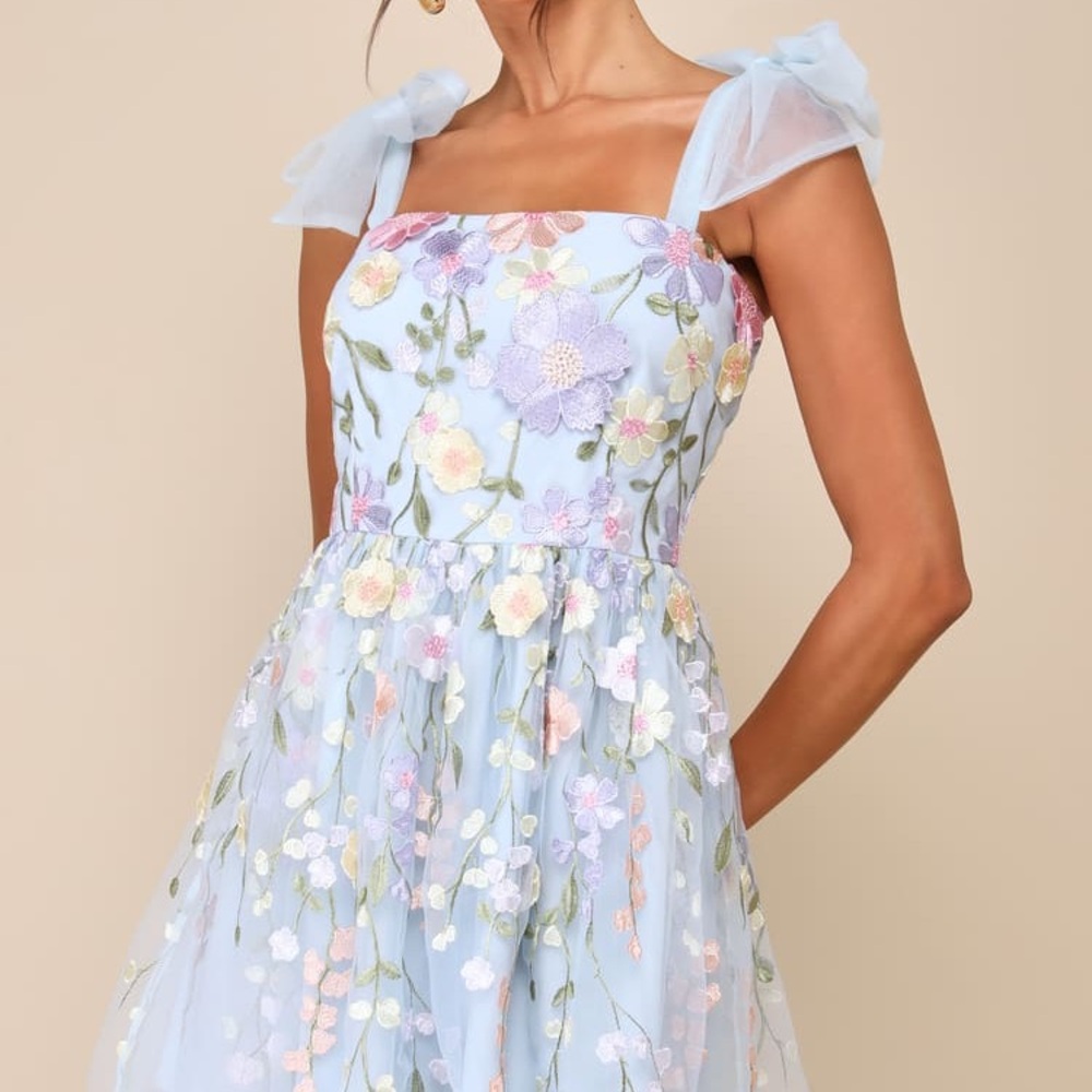 Lulu's Light Blue Floral Midi Dress with Pastel Embroidery